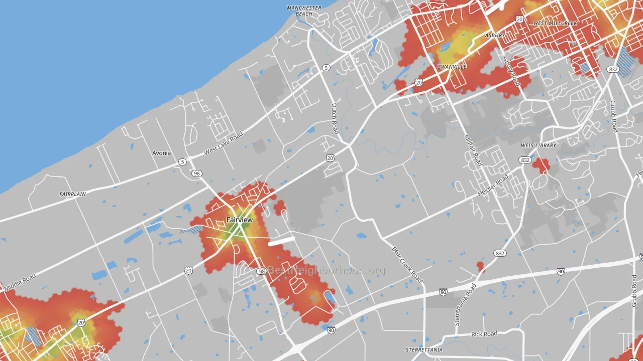 Walk Grade map of Fairview, PA, walkable areas in green and car-dependent areas in red