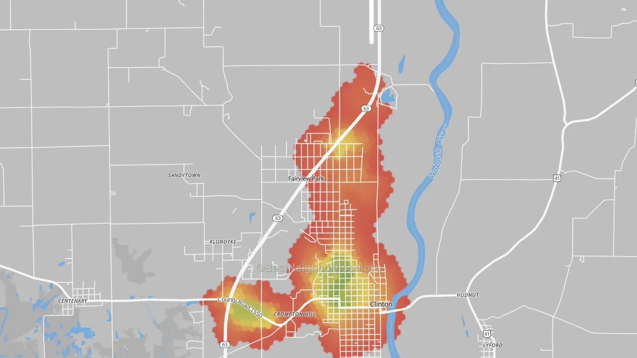Walk Grade map of Fairview Park, IN, walkable areas in green and car-dependent areas in red