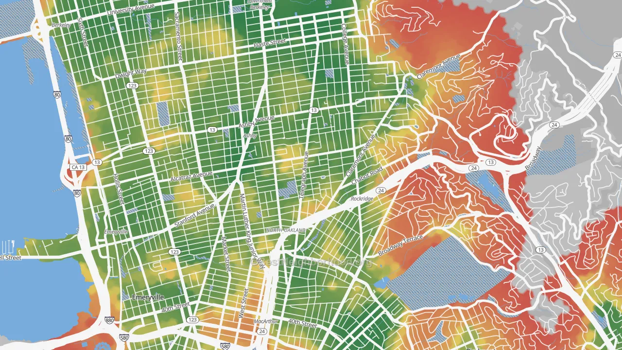 Walk Grade map of Fairview Park, Oakland, CA, walkable areas in green and car-dependent areas in red