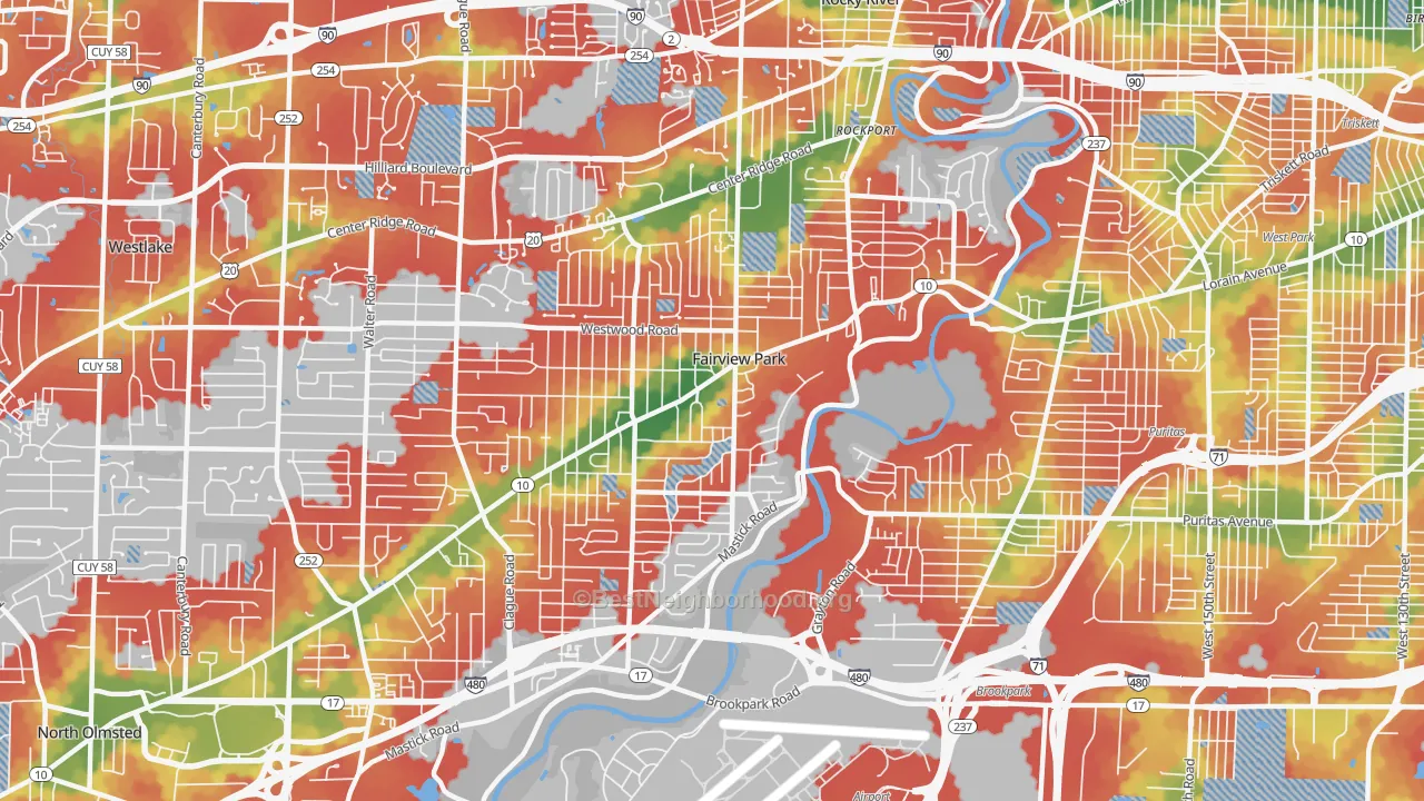 Walk Grade map of Fairview Park, OH, walkable areas in green and car-dependent areas in red
