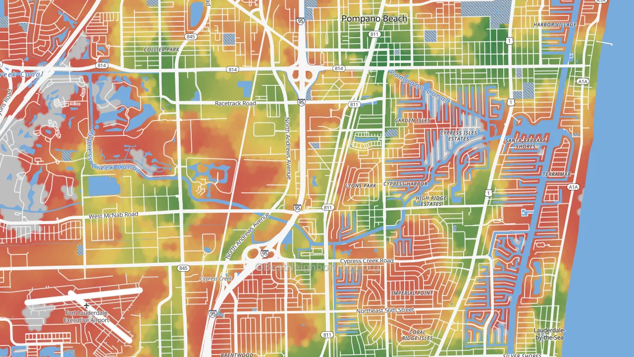Walk Grade map of Fairview, Pompano Beach, FL, walkable areas in green and car-dependent areas in red