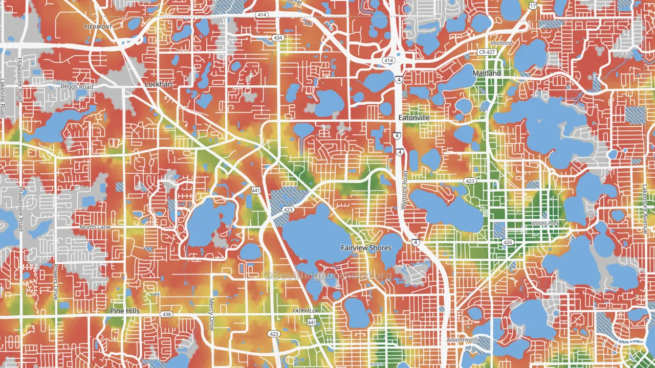 Walk Grade map of Fairview Shores, Orlando, FL, walkable areas in green and car-dependent areas in red