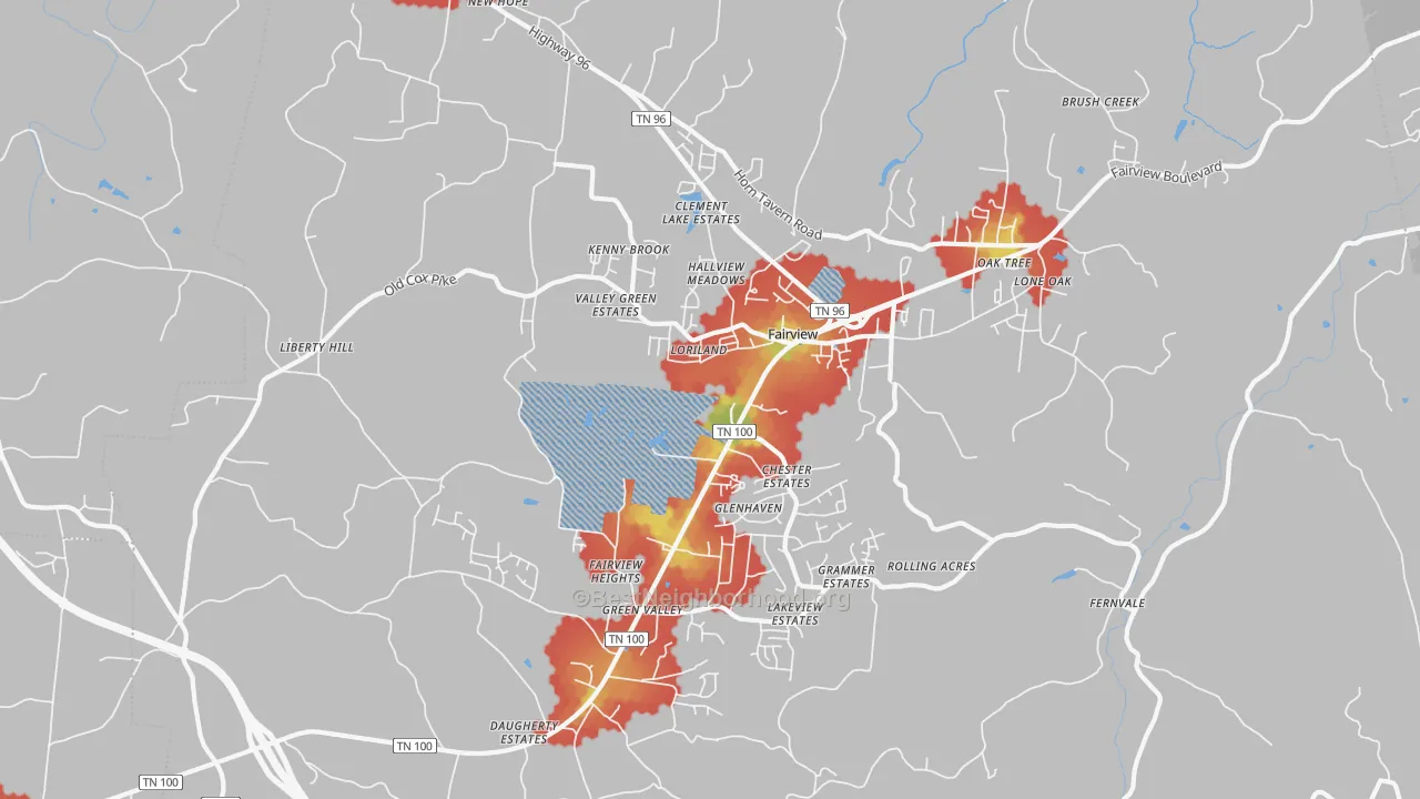 Walk Grade map of Fairview, TN, walkable areas in green and car-dependent areas in red