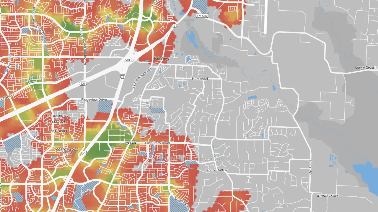 Walk Grade map of Fairview, TX, walkable areas in green and car-dependent areas in red