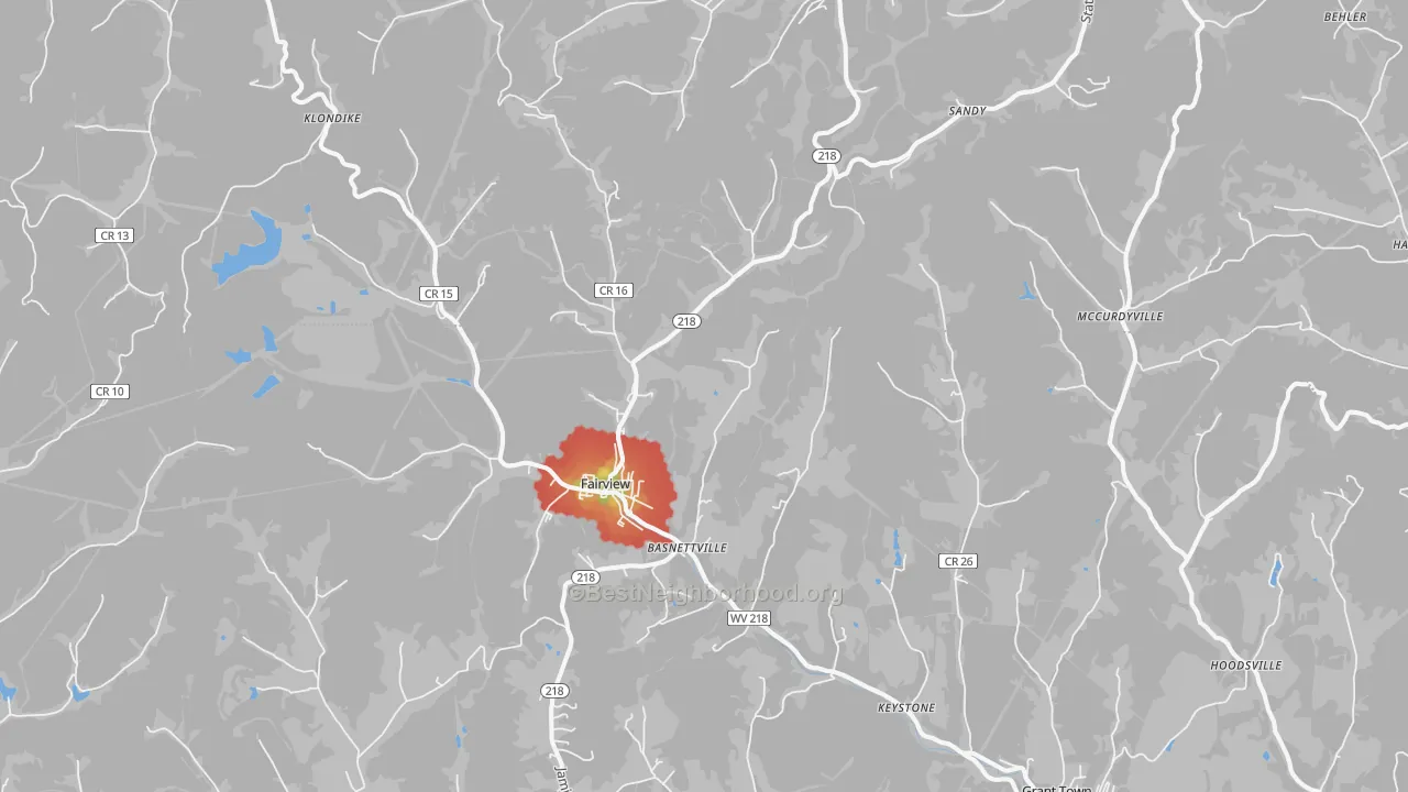Walk Grade map of Fairview, WV, walkable areas in green and car-dependent areas in red
