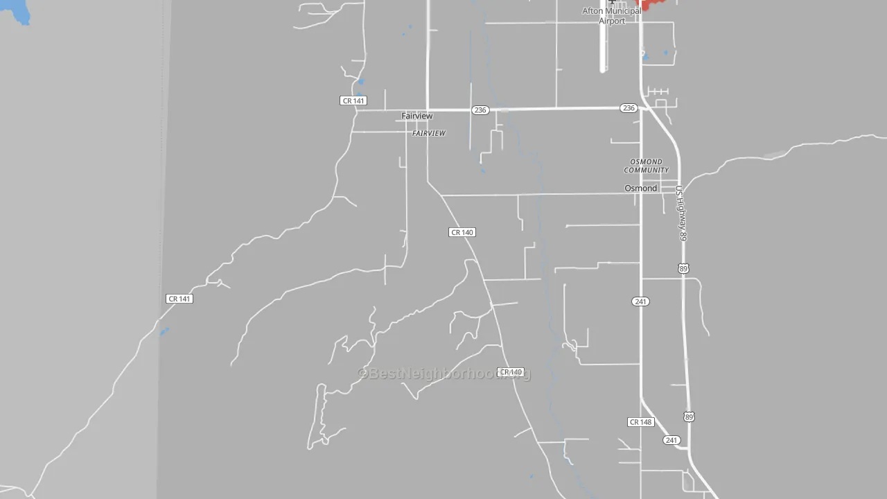 Walk Grade map of Fairview, WY, walkable areas in green and car-dependent areas in red