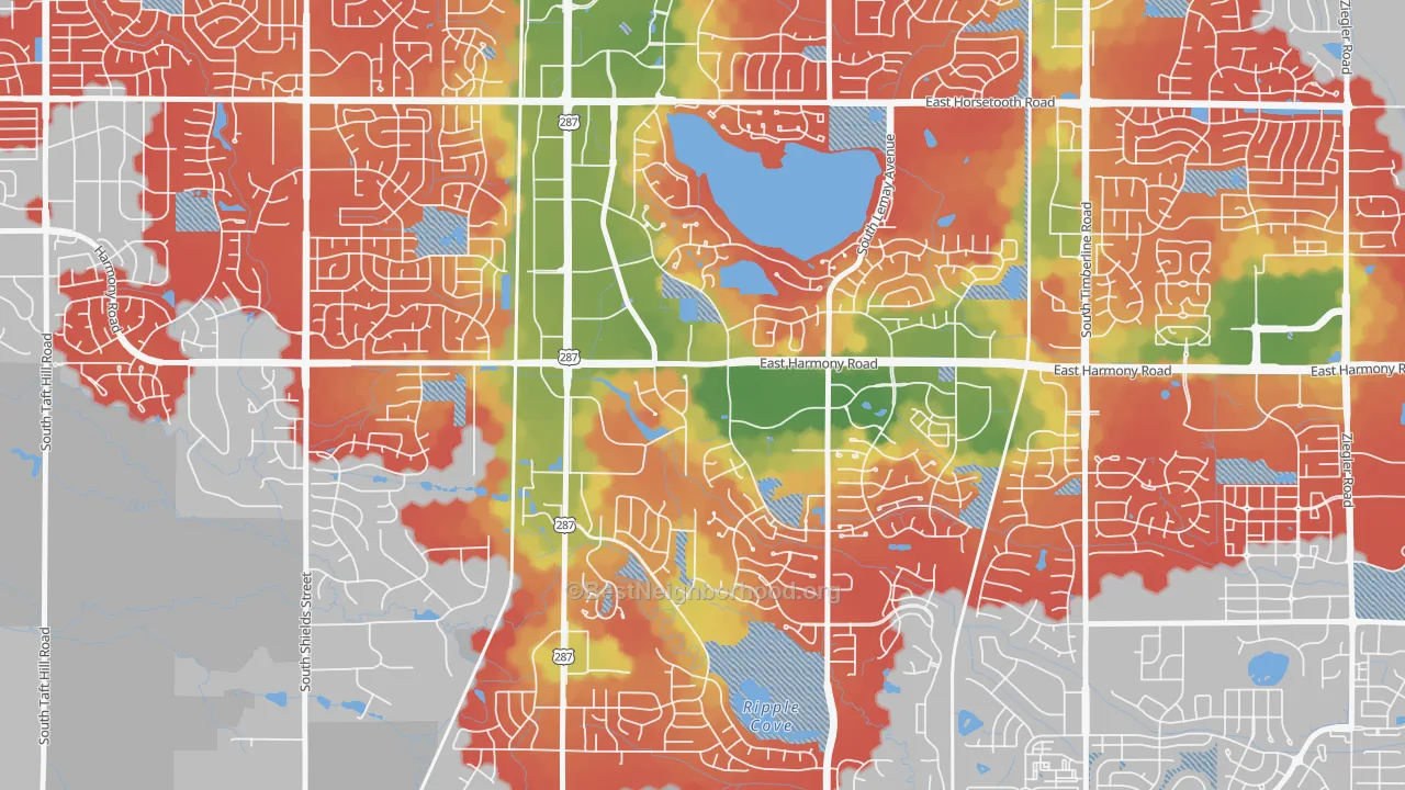 Walk Grade map of Fairway Estates, Fort Collins, CO, walkable areas in green and car-dependent areas in red