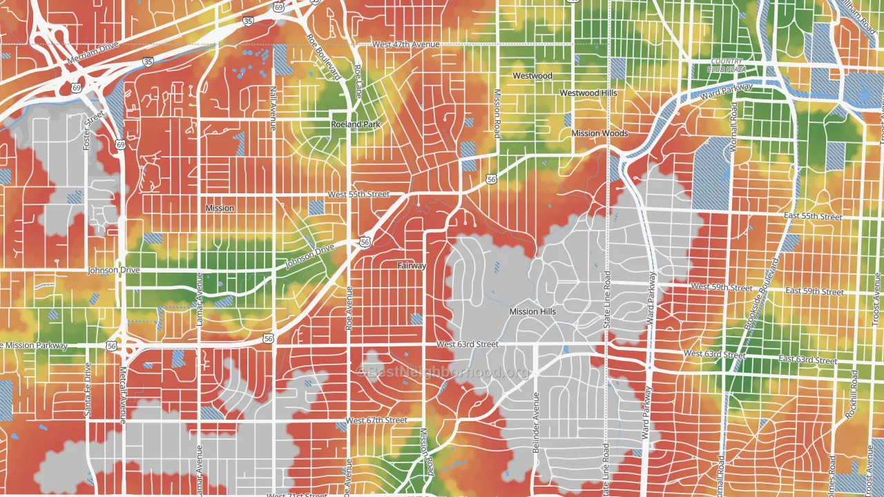 Walk Grade map of Fairway, KS, walkable areas in green and car-dependent areas in red