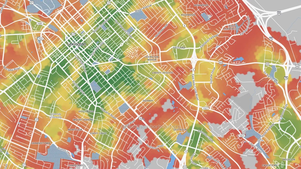 Walk Grade map of Fairway-Liberty Heights, Lexington, KY, walkable areas in green and car-dependent areas in red