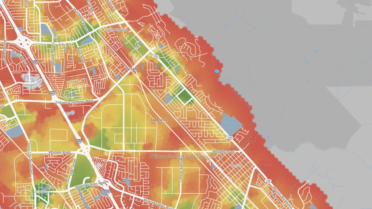 Walk Grade map of Fairway Park, Hayward, CA, walkable areas in green and car-dependent areas in red