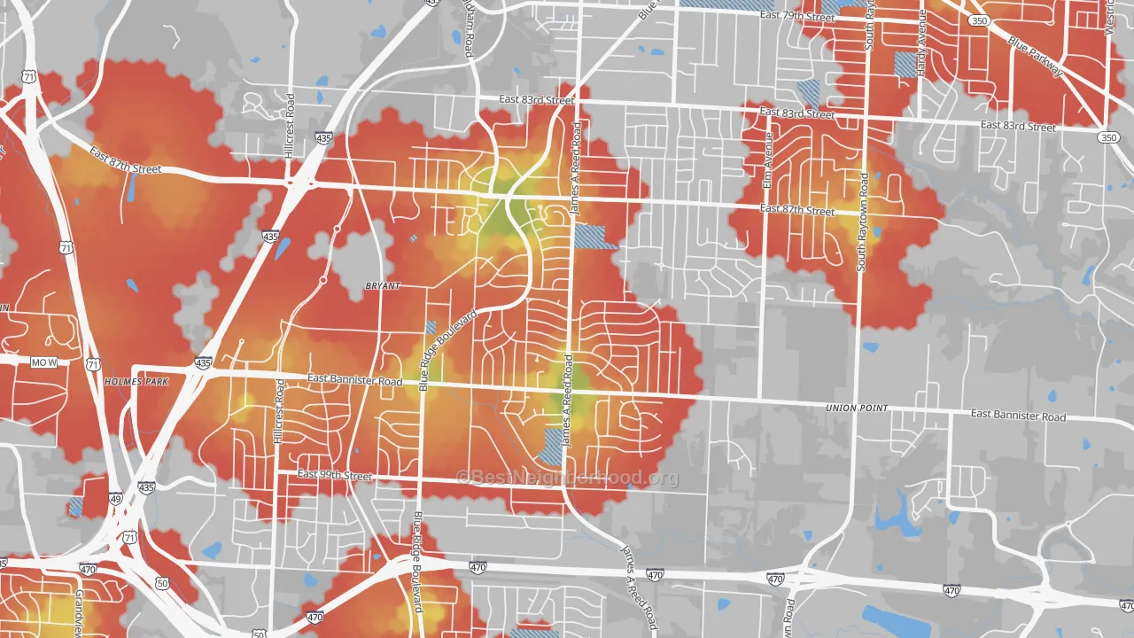 Walk Grade map of Fairwood and Robandee, Kansas City, MO, walkable areas in green and car-dependent areas in red