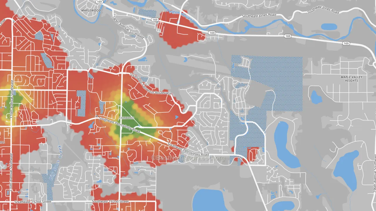 Walk Grade map of Fairwood Greens, Fairwood, WA, walkable areas in green and car-dependent areas in red
