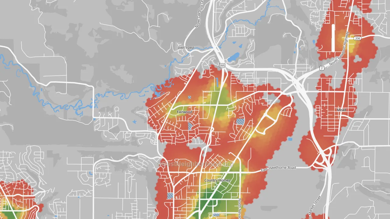 Walk Grade map of fairwood, Spokane, WA, walkable areas in green and car-dependent areas in red