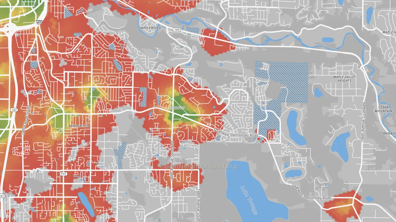 Walk Grade map of Fairwood, WA, walkable areas in green and car-dependent areas in red