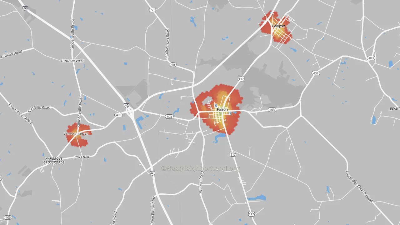 Walk Grade map of Faison, NC, walkable areas in green and car-dependent areas in red