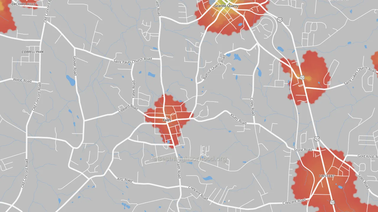 Walk Grade map of Faith, NC, walkable areas in green and car-dependent areas in red