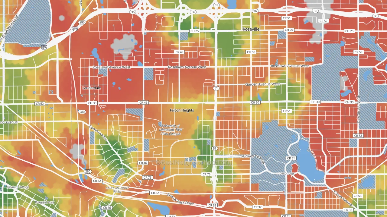 Walk Grade map of Falcon Heights, MN, walkable areas in green and car-dependent areas in red