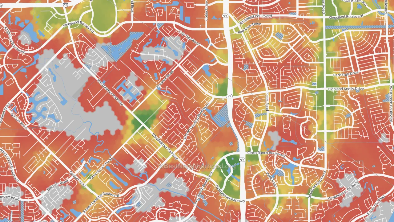 Walk Grade map of Falcon Landing, Katy, TX, walkable areas in green and car-dependent areas in red