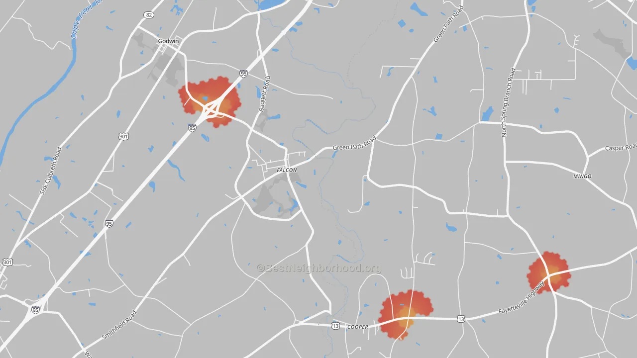Walk Grade map of Falcon, NC, walkable areas in green and car-dependent areas in red