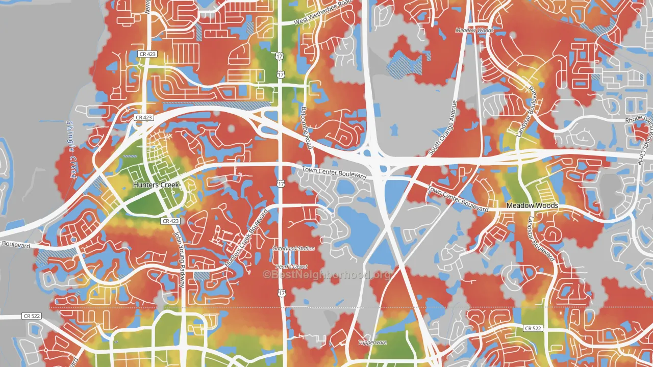 Walk Grade map of Falcon Trace, Southchase, FL, walkable areas in green and car-dependent areas in red