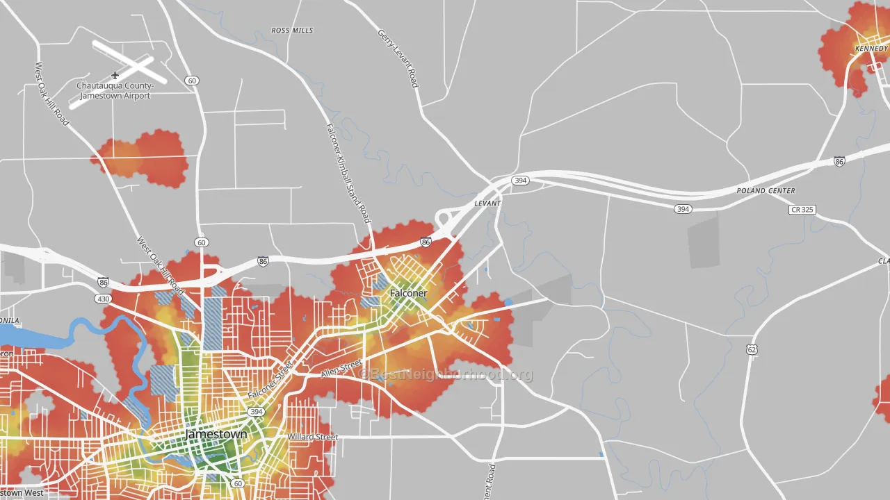 Walk Grade map of Falconer, NY, walkable areas in green and car-dependent areas in red