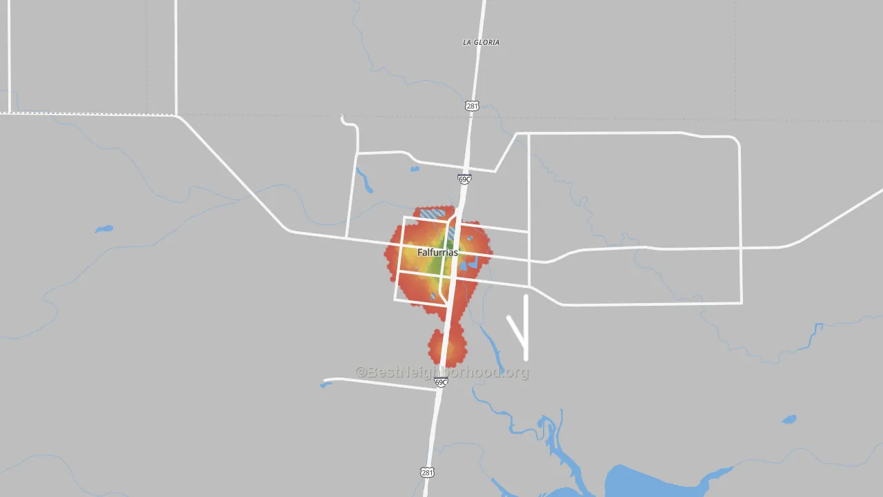 Walk Grade map of Falfurrias, TX, walkable areas in green and car-dependent areas in red
