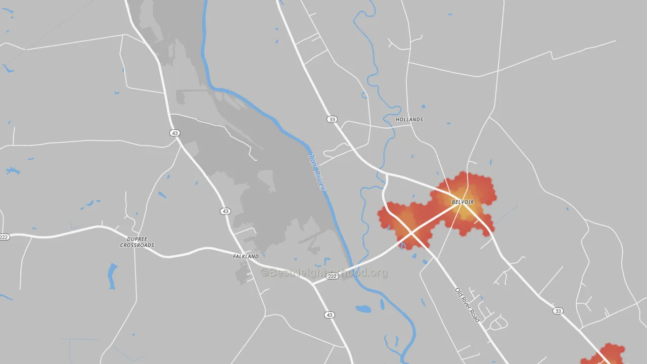 Walk Grade map of Falkland, NC, walkable areas in green and car-dependent areas in red