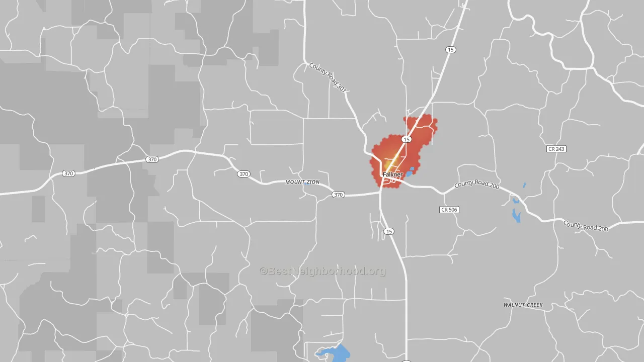 Walk Grade map of Falkner, MS, walkable areas in green and car-dependent areas in red