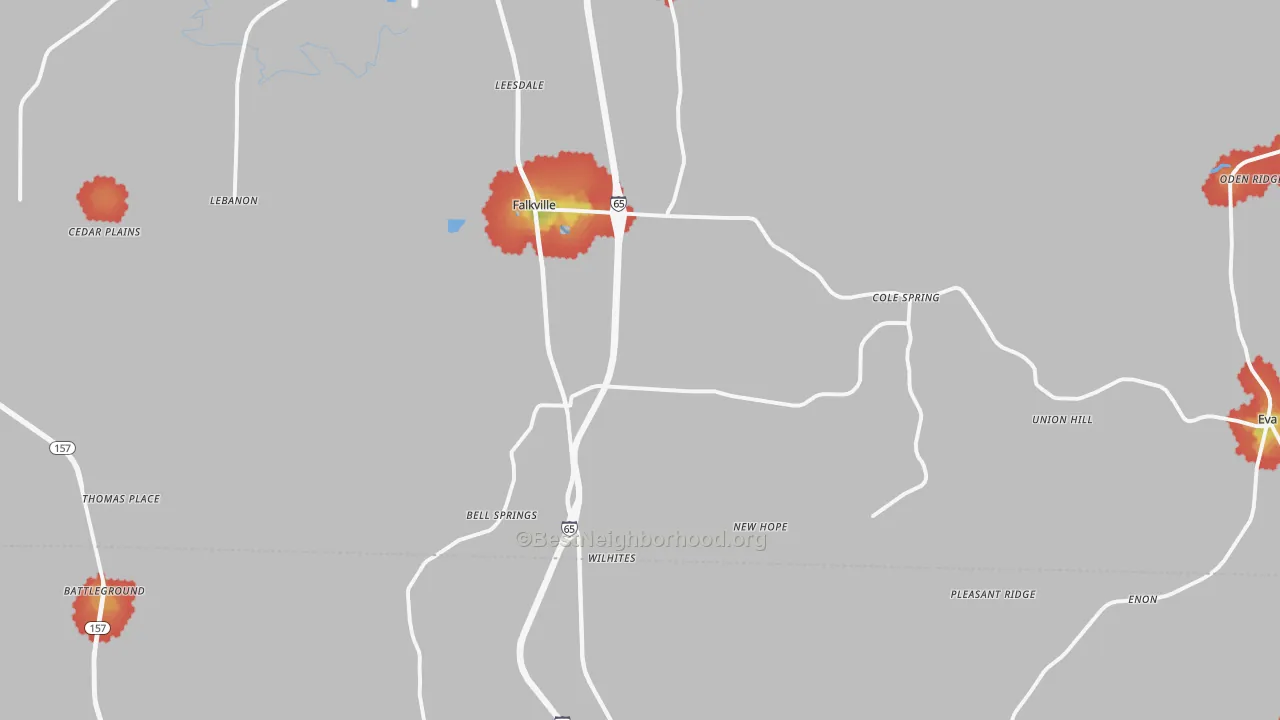 Walk Grade map of Falkville, AL, walkable areas in green and car-dependent areas in red