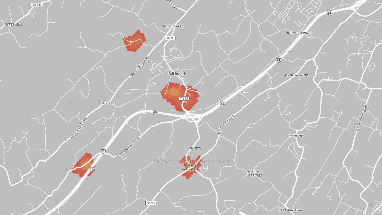 Walk Grade map of Fall Branch, TN, walkable areas in green and car-dependent areas in red