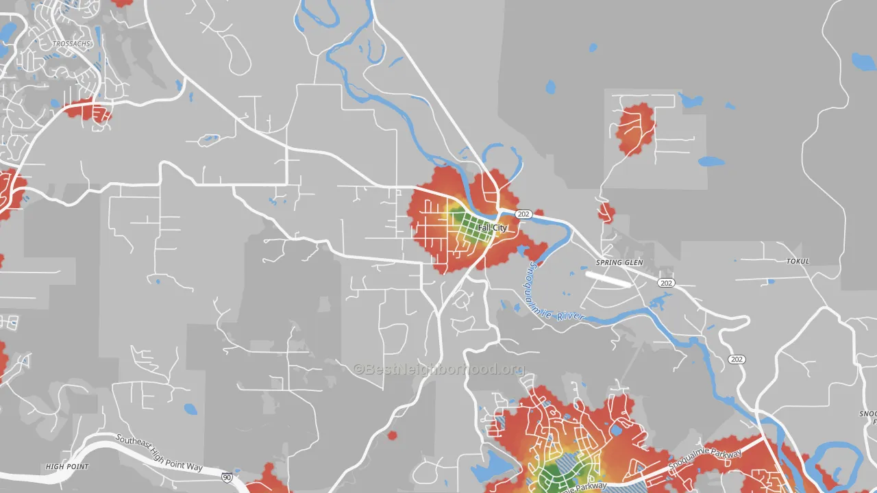 Walk Grade map of Fall City, WA, walkable areas in green and car-dependent areas in red