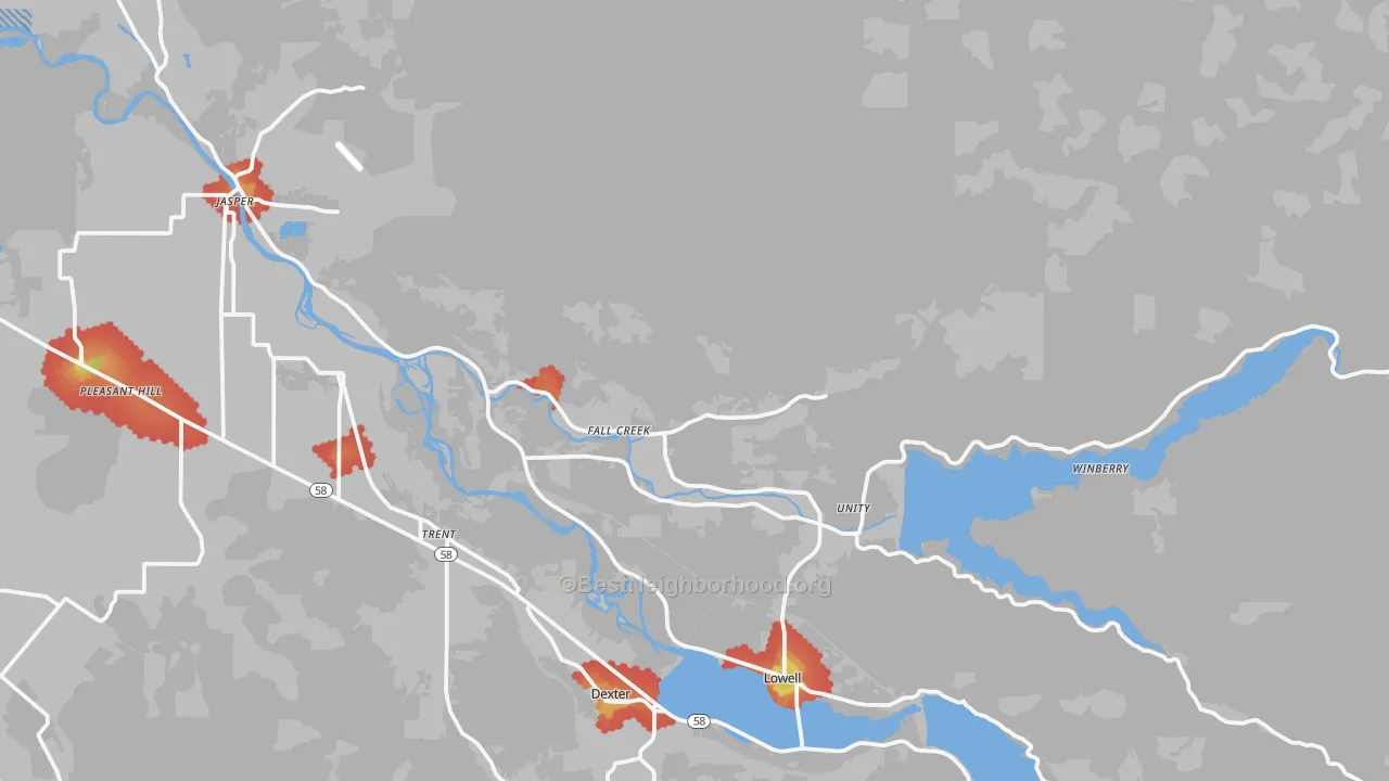 Walk Grade map of Fall Creek, OR, walkable areas in green and car-dependent areas in red