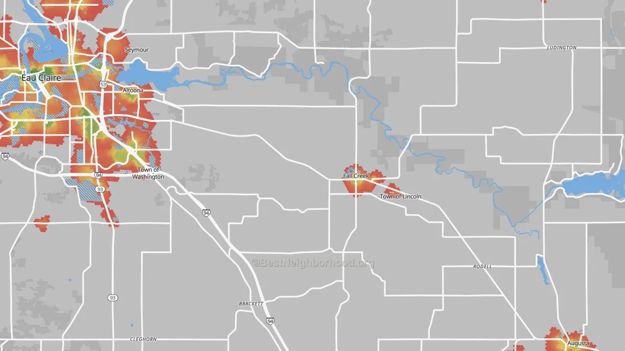 Walk Grade map of Fall Creek, WI, walkable areas in green and car-dependent areas in red