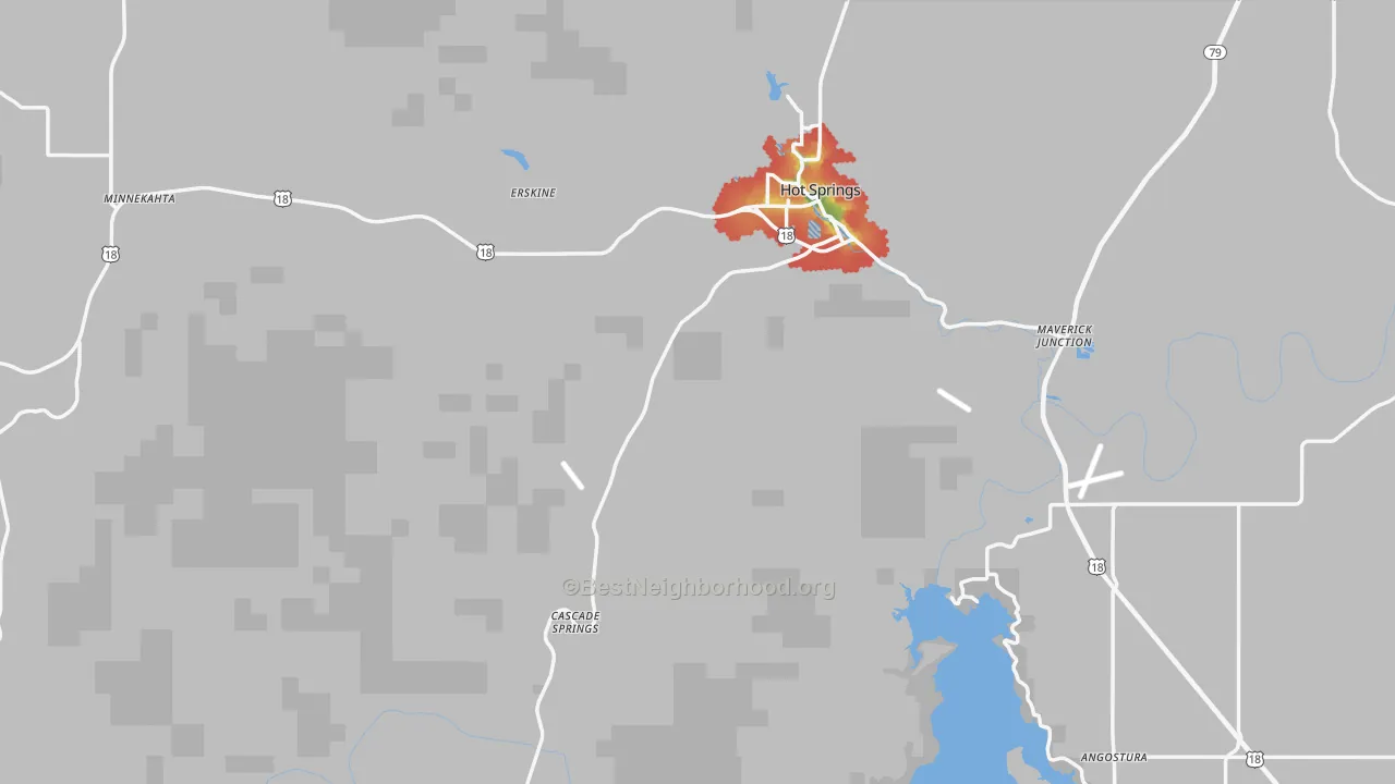 Walk Grade map of Fall River County, SD, walkable areas in green and car-dependent areas in red