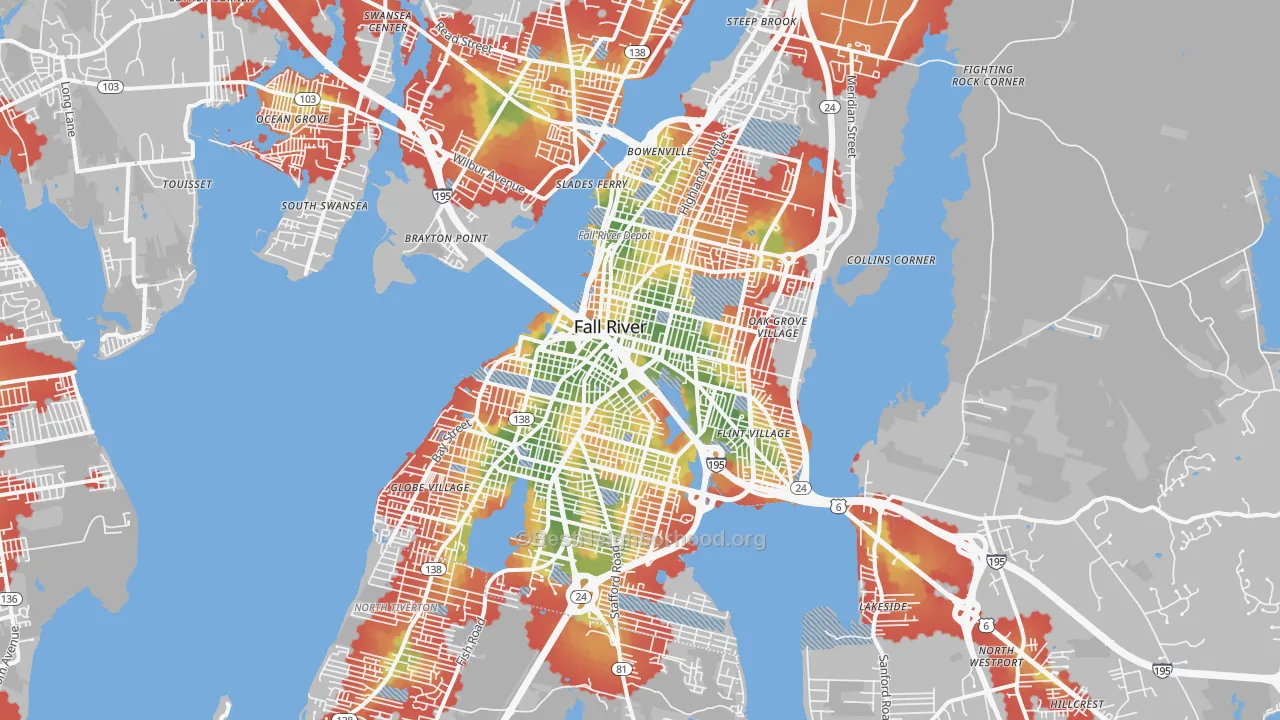 Walk Grade map of Fall River, MA, walkable areas in green and car-dependent areas in red