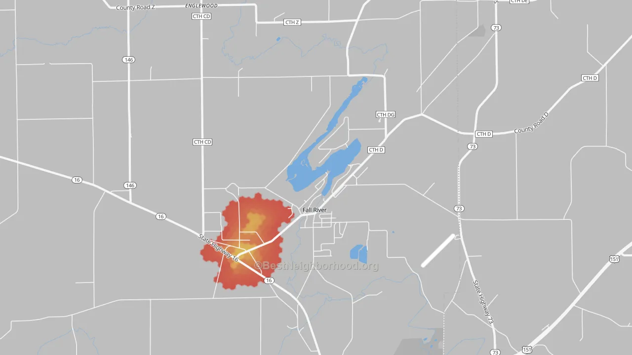 Walk Grade map of Fall River, WI, walkable areas in green and car-dependent areas in red