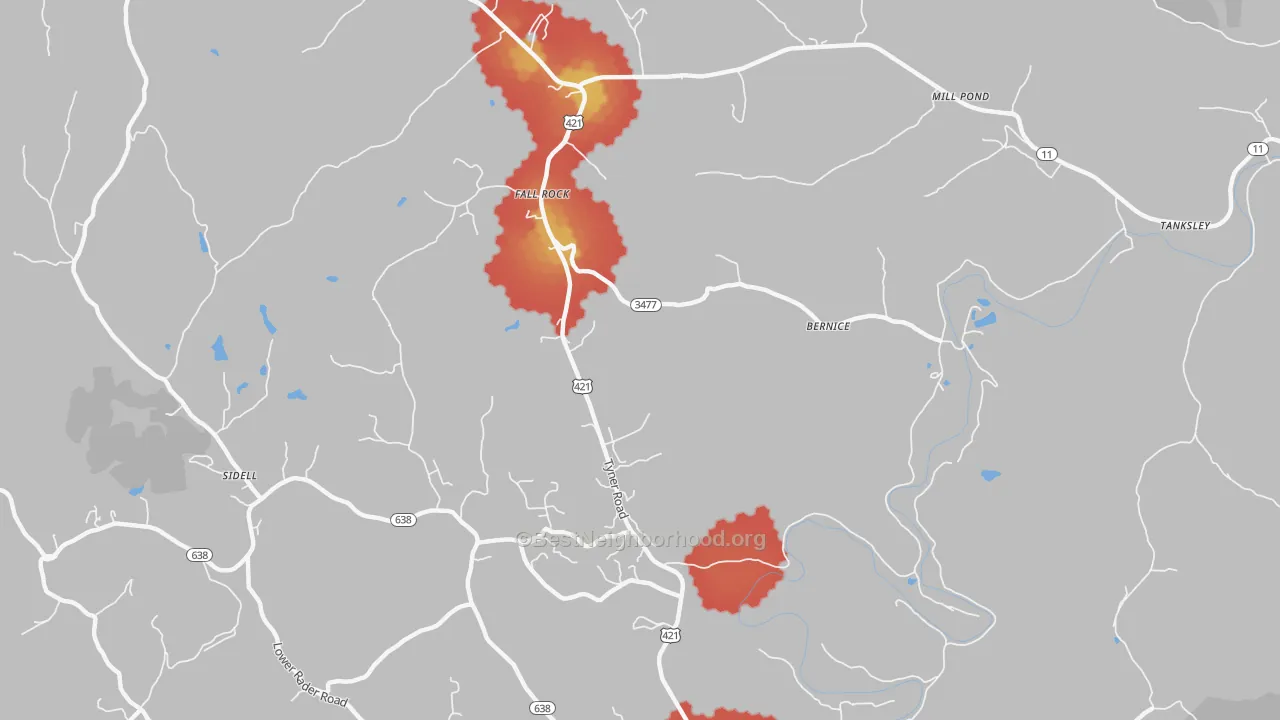 Walk Grade map of Fall Rock, KY, walkable areas in green and car-dependent areas in red