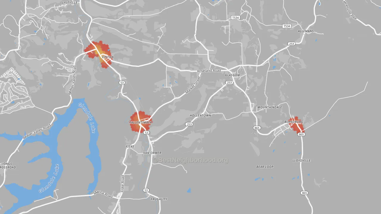 Walk Grade map of Fallentimber, PA, walkable areas in green and car-dependent areas in red