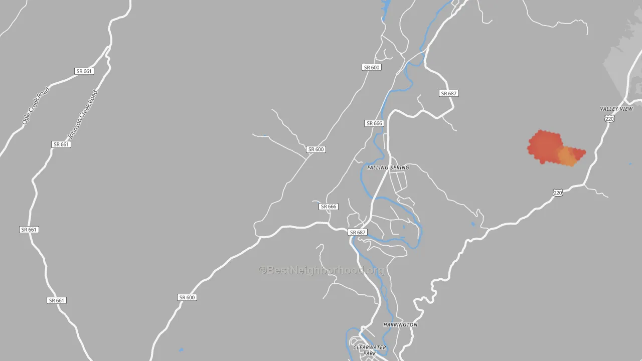 Walk Grade map of Falling Spring, VA, walkable areas in green and car-dependent areas in red