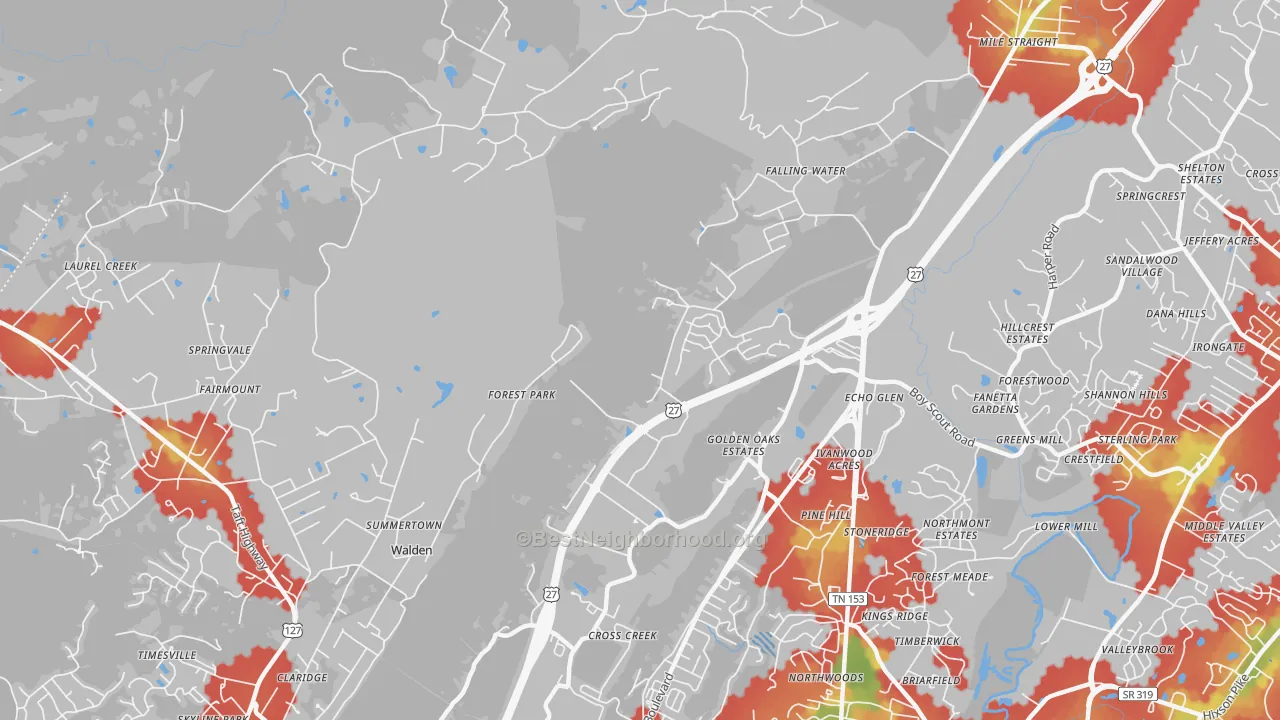 Walk Grade map of Falling Water, TN, walkable areas in green and car-dependent areas in red