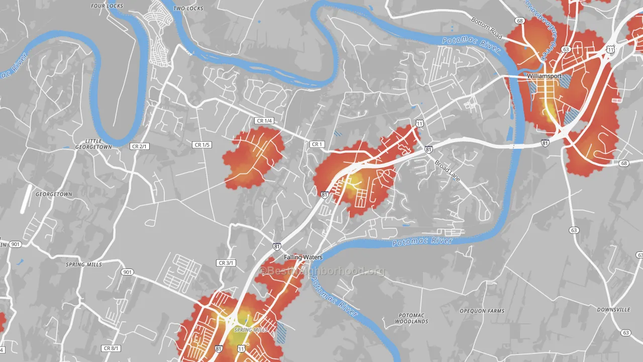 Walk Grade map of Falling Waters, WV, walkable areas in green and car-dependent areas in red