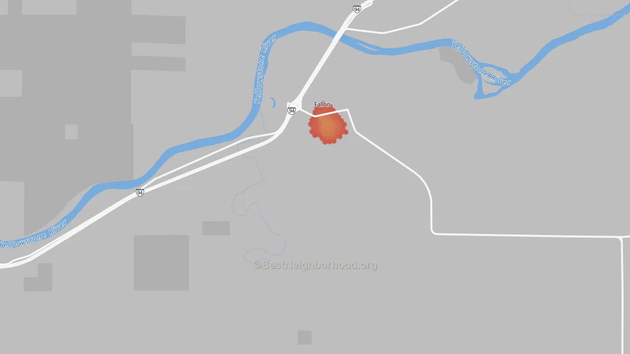 Walk Grade map of Fallon, MT, walkable areas in green and car-dependent areas in red