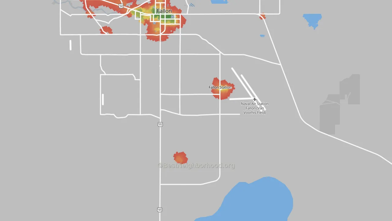 Walk Grade map of Fallon Naval Air Station, NV, walkable areas in green and car-dependent areas in red