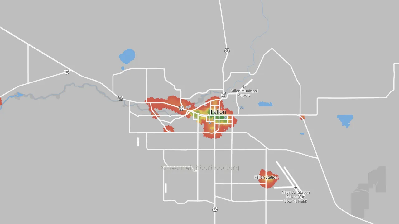 Walk Grade map of Fallon, NV, walkable areas in green and car-dependent areas in red