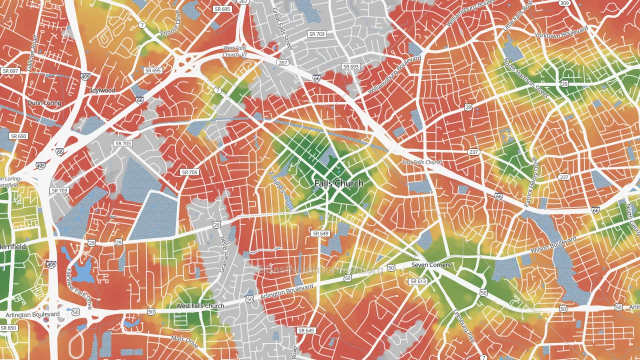 Walk Grade map of Falls Church City, VA, walkable areas in green and car-dependent areas in red