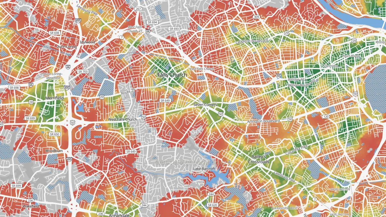 Walk Grade map of Falls Church, VA, walkable areas in green and car-dependent areas in red