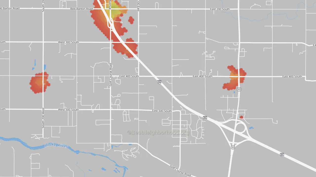 Walk Grade map of Falls City, ID, walkable areas in green and car-dependent areas in red