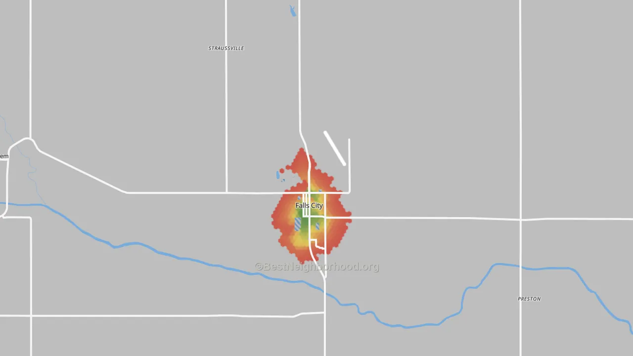 Walk Grade map of Falls City, NE, walkable areas in green and car-dependent areas in red