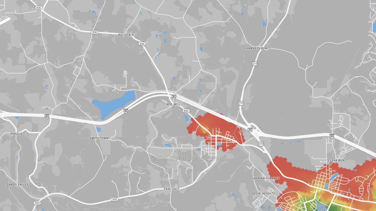 Walk Grade map of Falls Creek, PA, walkable areas in green and car-dependent areas in red