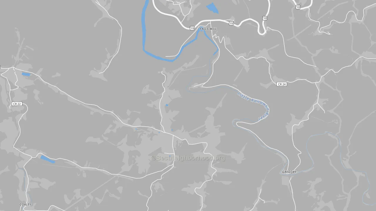 Walk Grade map of Falls Mill, WV, walkable areas in green and car-dependent areas in red